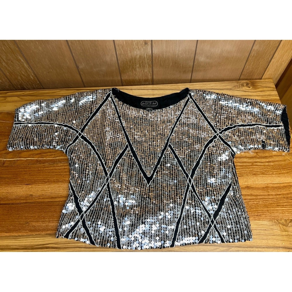 Vintage Jean for Joseph Le Bon Silk Sequin Blouse Women M Black Silver Pearl